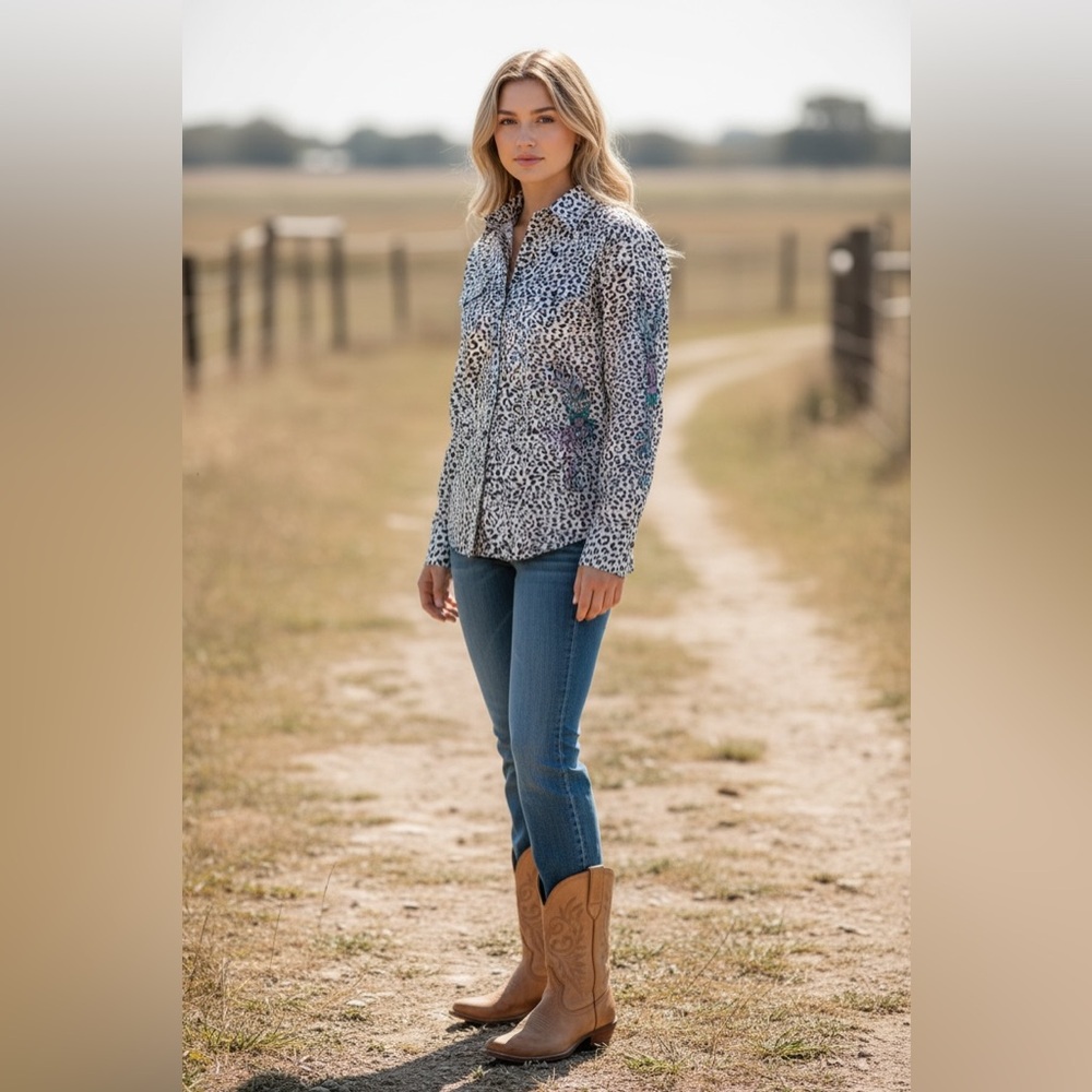 Cowgirl Hardware Leopard Print Floral Embroidered Western Snap Shirt White Black